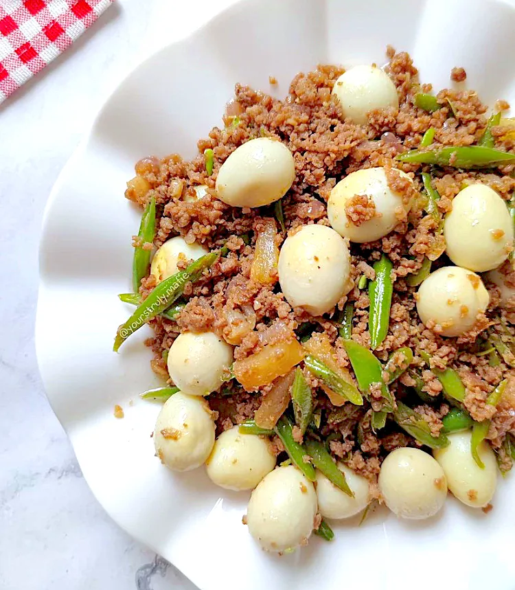 Sauteed ground pork with green beans, pjneapple, & quail eggs|🌺IAnneさん