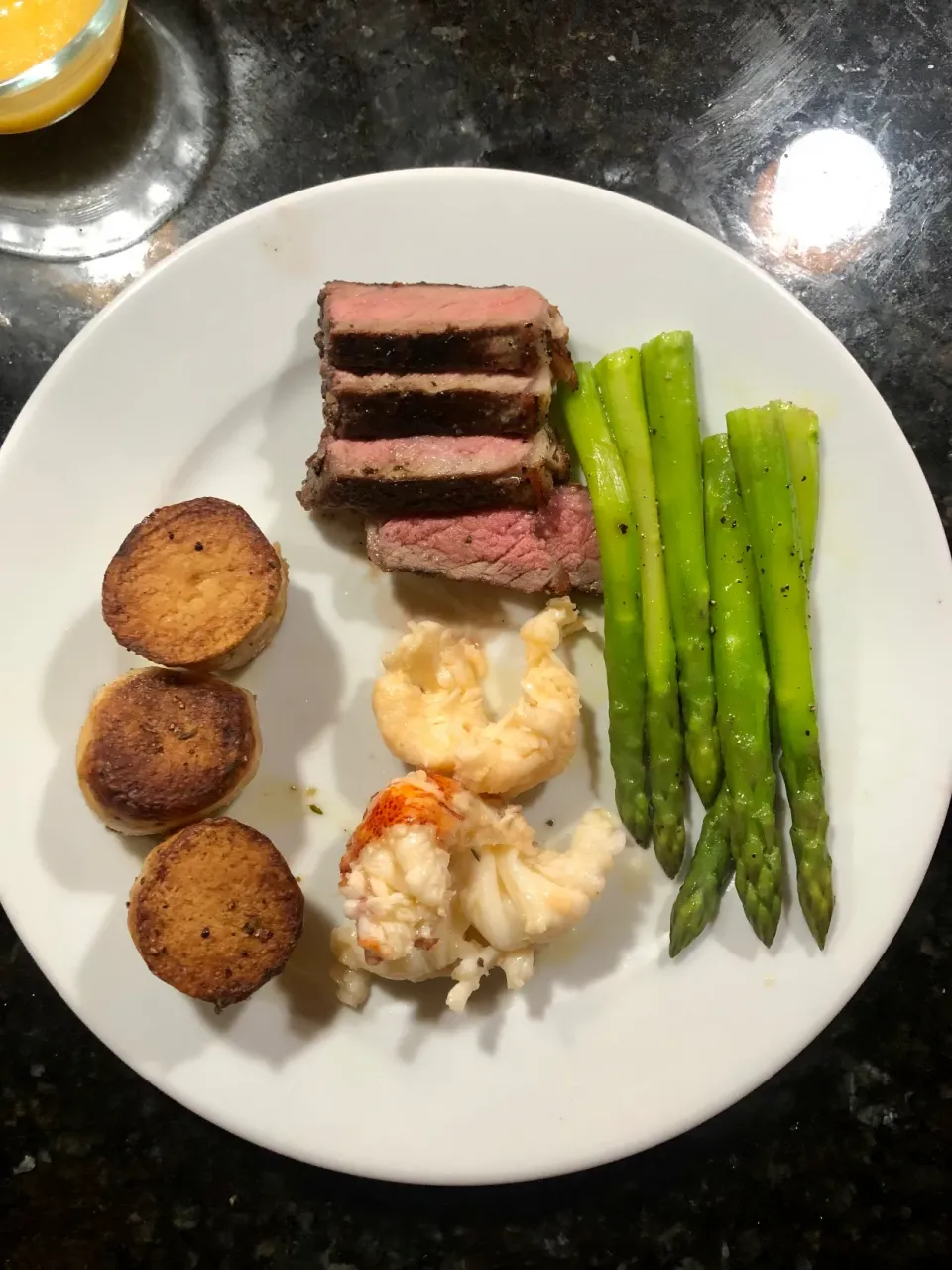 NY strip, asparagus, butter poached lobster and fondant potatoes.|ernest ristiさん