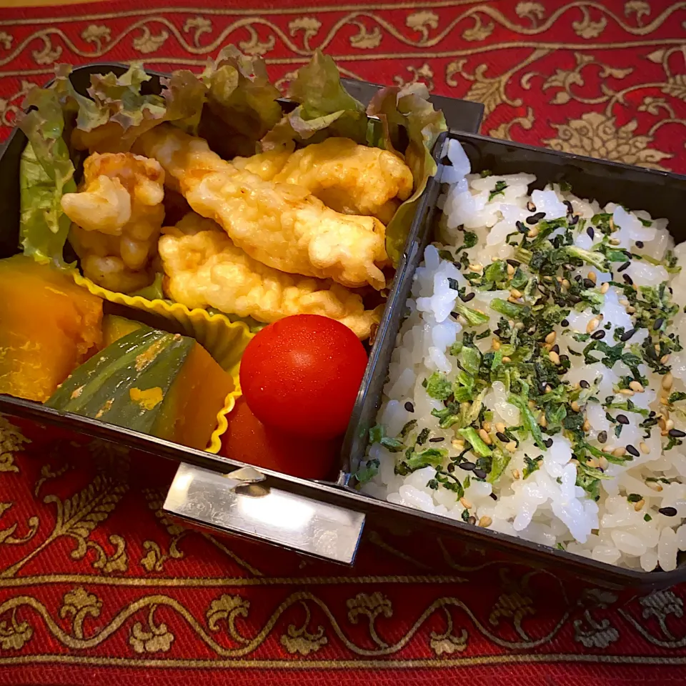 鶏ささみの天ぷらと、南瓜の煮物と、プチトマトと、青菜のふりかけご飯弁当|もえさん