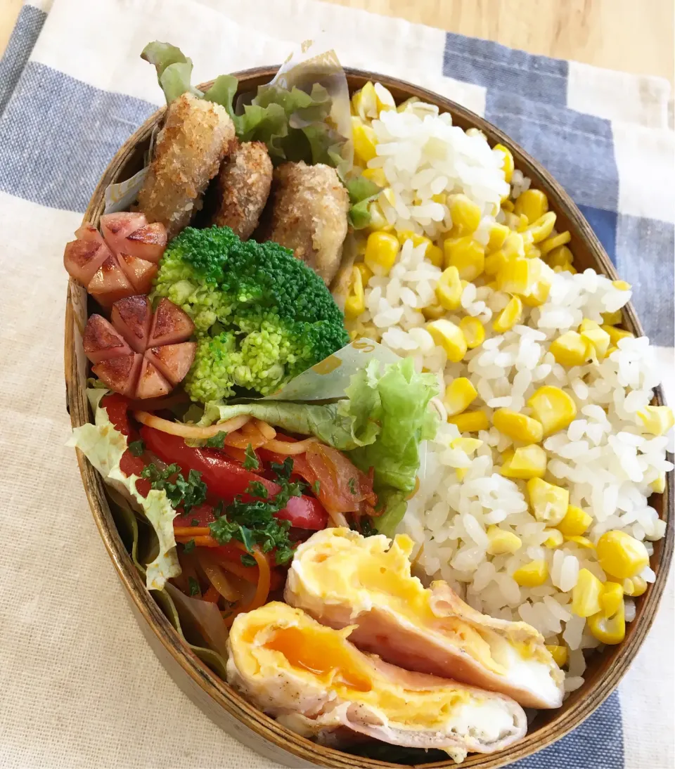 Snapdishの料理写真:今日のパパ弁当はトウモロコシご飯弁当♪|key♪さん