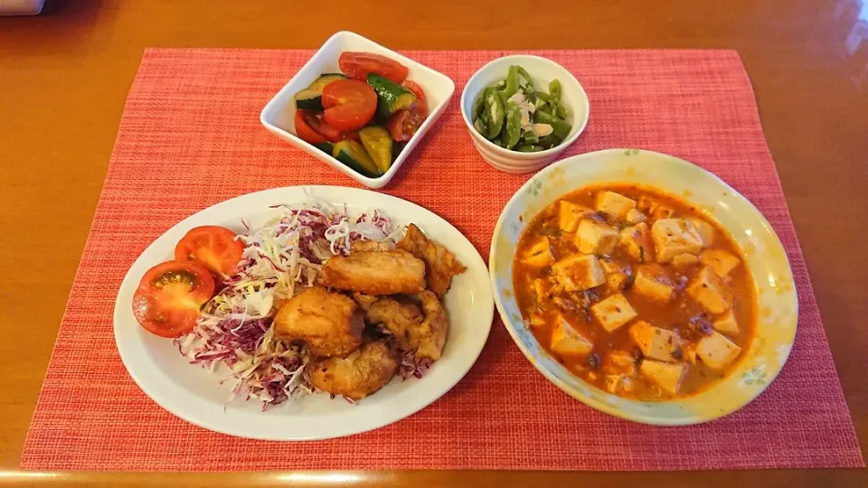 ☆鶏からあげ
☆麻婆豆腐
☆キュウリ トマトのごま油醤油
☆無限ピーマン|chikakoさん