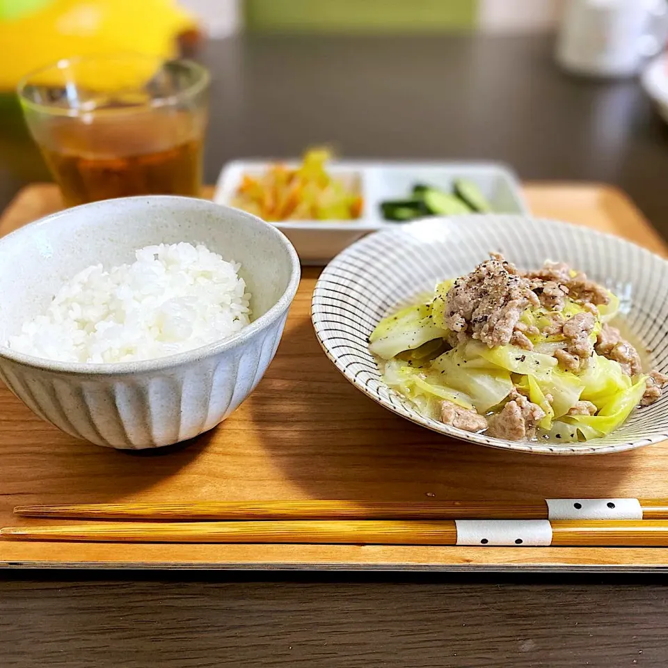 Snapdishの料理写真:キャベツとひき肉とろみ塩炒め　セロリ春雨ピリ辛　ゆかりきゅうり|ちぐあささん