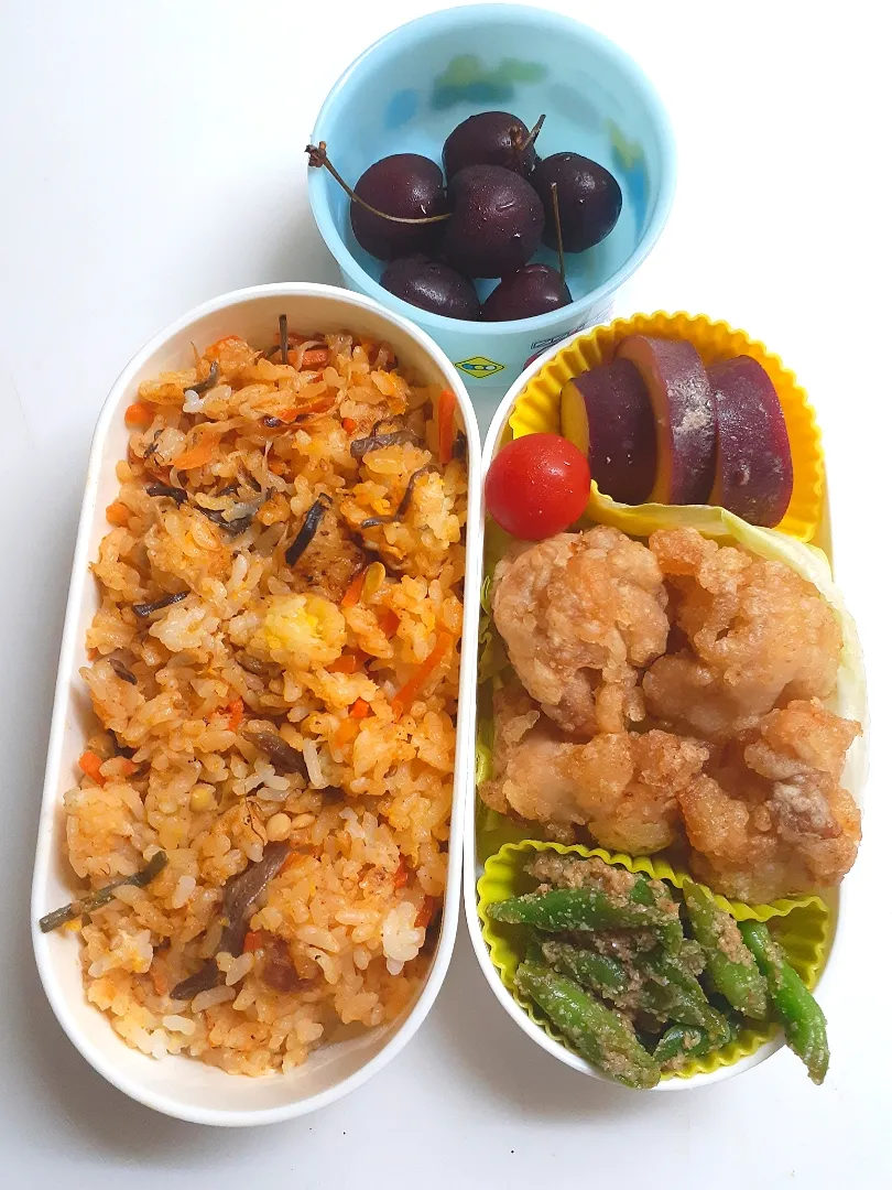 ☆中学生弁当☆ビビンバ、薩摩芋レモン煮、いんげん胡麻和え、ミニトマト、唐揚げ、アメリカンチェリー|ｼｮｺﾗさん