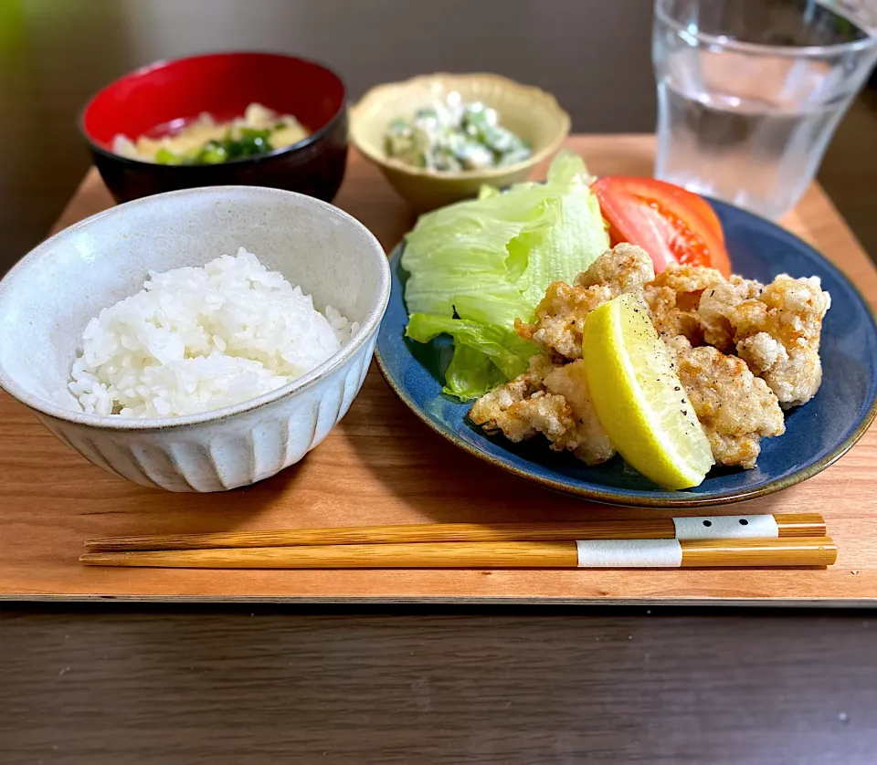 塩レモン🍋唐揚げ　ゴーヤの梅白和え　味噌汁|ちぐあささん