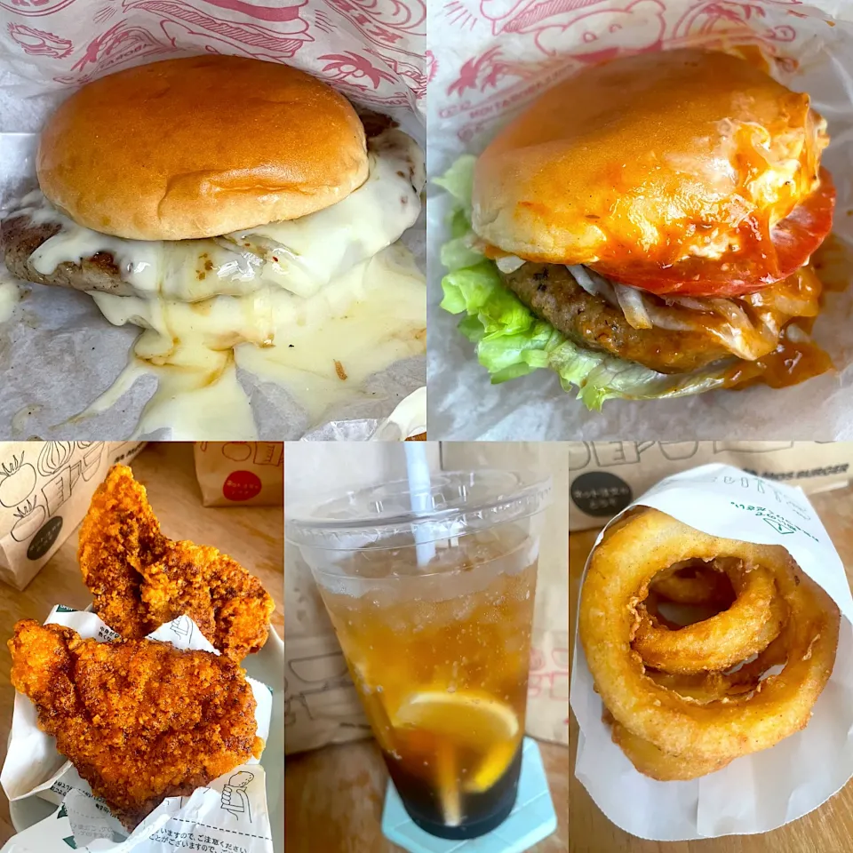 MOS とびきりチーズハンバーグ🍔　クールスパイストマト🍔　まるごとレモン🍋クラフトコーラ🥤　ホットスパイスモスチキン🍗　オニオン🧅フライ|るみおんさん