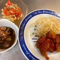 チキン南蛮風鶏肉のソテー、茄子の煮浸し、トマトと玉ねぎのマリネ|mayuさん