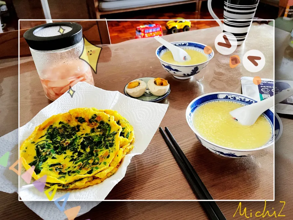 breakfast-菠菜鸡蛋饼+小米粥，腌生姜|michelleさん