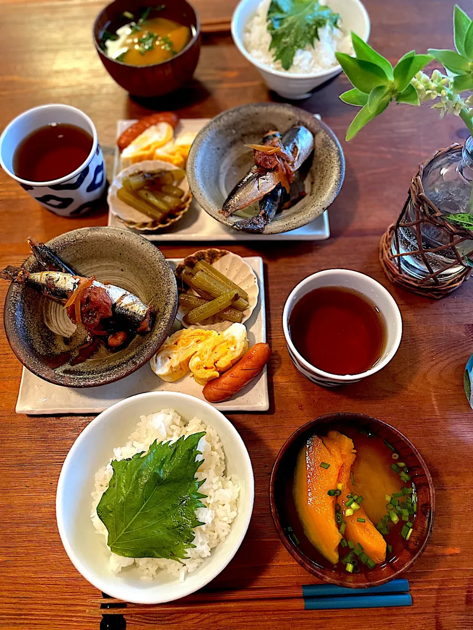 イワシの梅煮、ふき、だし巻きたまご、かぼちゃと玉ねぎのお味噌汁、大葉の浅漬け|ＭＡＲＵＥ家の食卓さん