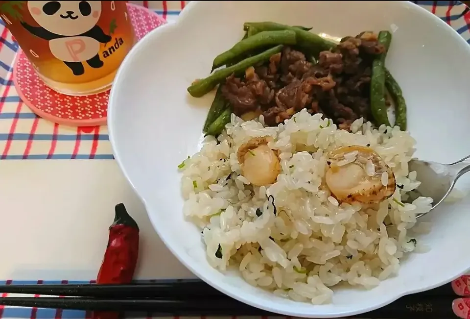 おこわといんげん&牛肉の炒め物|しまだ ちえこさん