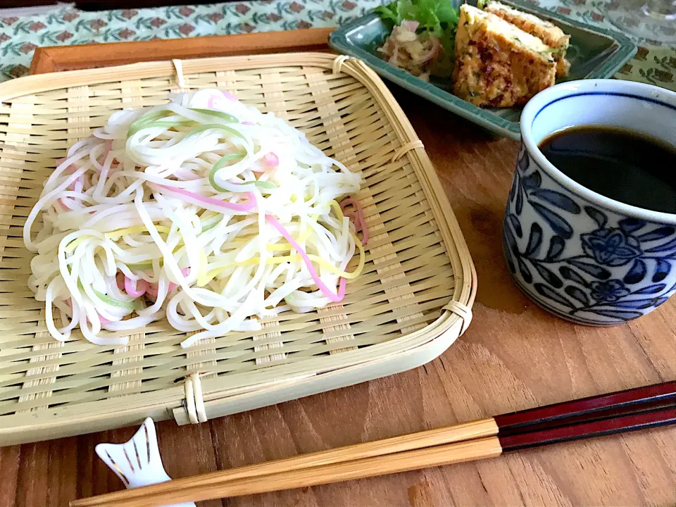 3色おそうめん、ホタテ、ミツバの卵焼き|atsukoさん