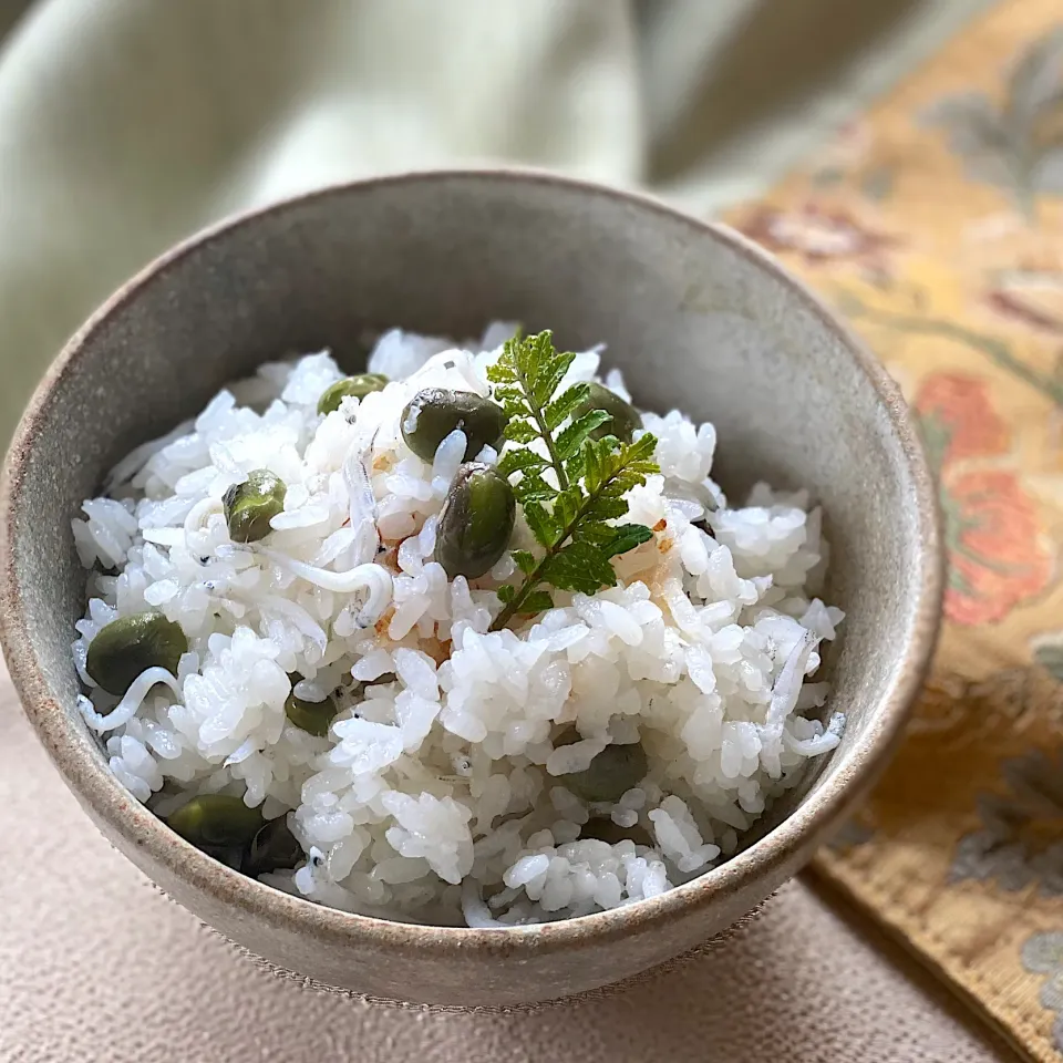 Snapdishの料理写真:🎐🧊涼🧊🎐①. 🍚焼き黒枝豆としらすの混ぜご飯|ゆきぽん@ゆきの家飲み料理さん