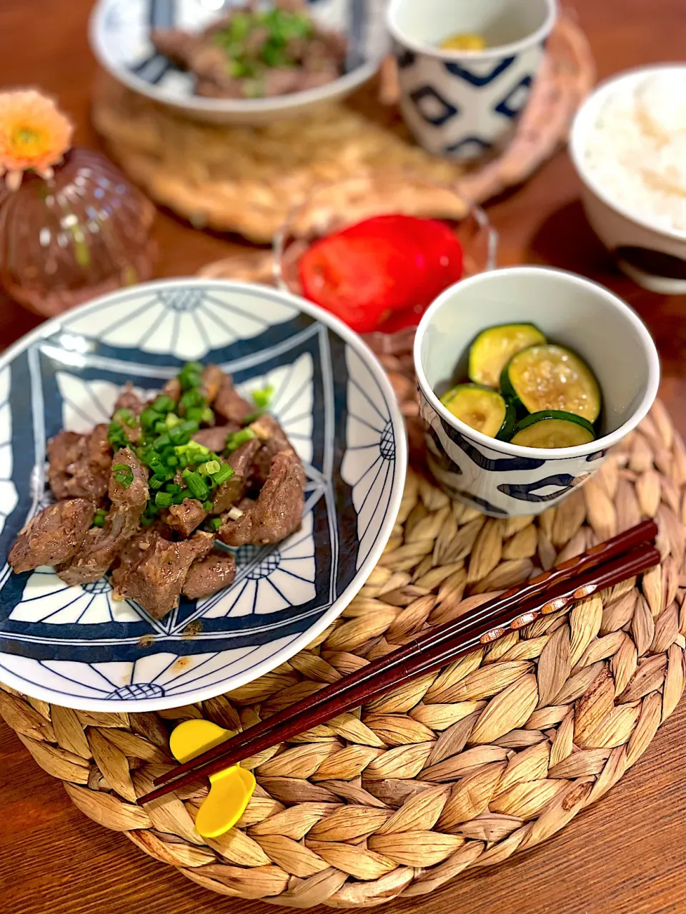 ハラミニンニク醤油焼き、ズッキーニのお浸し、冷やしトマト|ＭＡＲＵＥ家の食卓さん