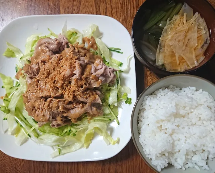 冷しゃぶ
お汁
(ワカメ  玉葱 小松菜 湯葉)|たつかばさん