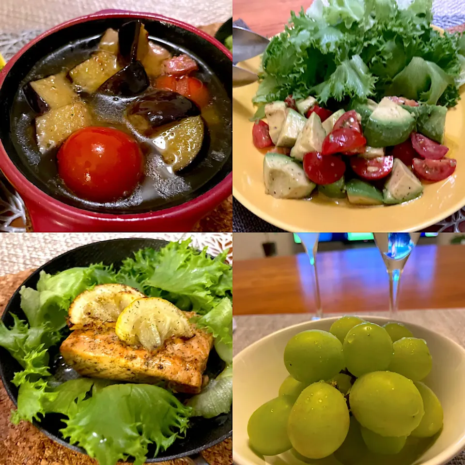 サーモンのムニエル、アボカドのサラダとアヒージョとシャインマスカットでスポーツバー⚽️|なお🅿️さん