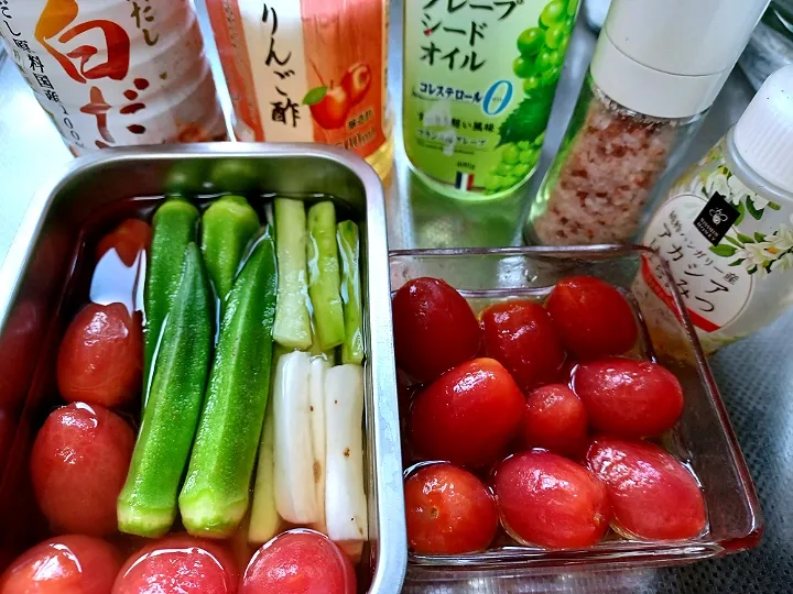 夏野菜の白だし浸しと🍅のマリネ|ぱいんてーるさん