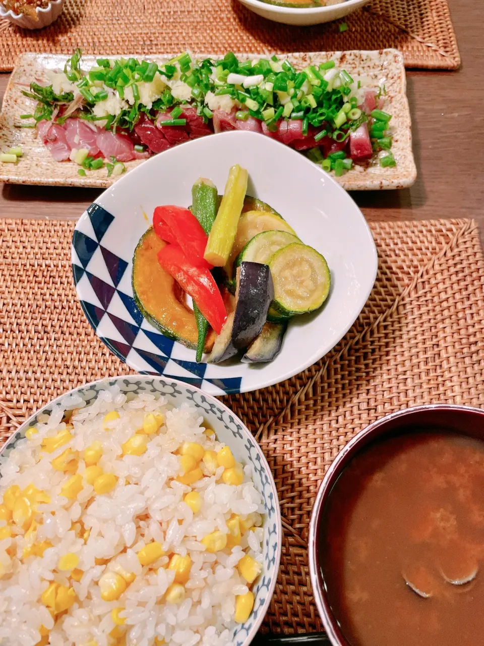 Cooked rice with corn, deep fried vegetables in broth|taka-chanさん