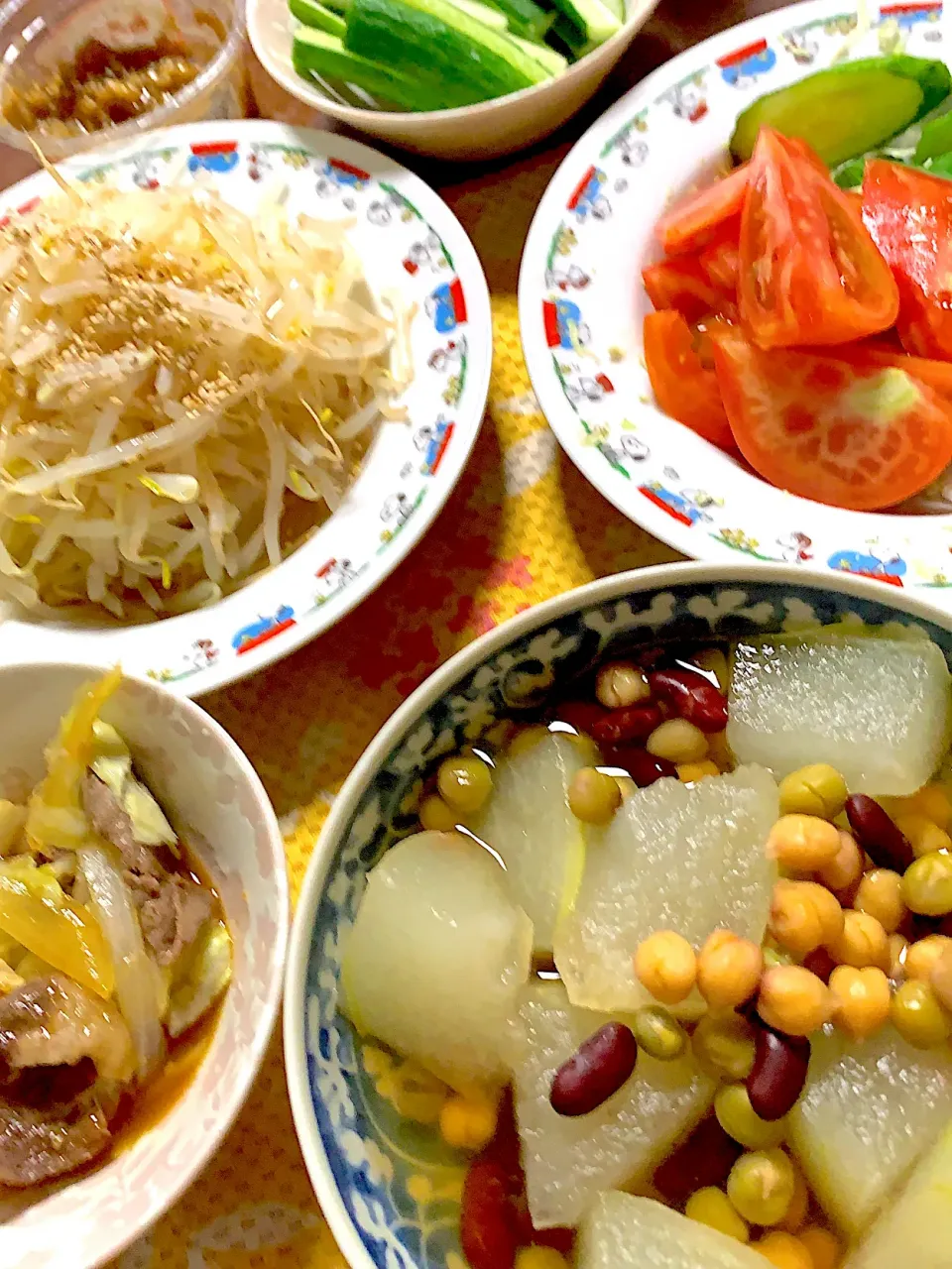 野菜炒め　冬瓜と豆の煮物　もやしナムル　サラダ🥗|掛谷節子さん