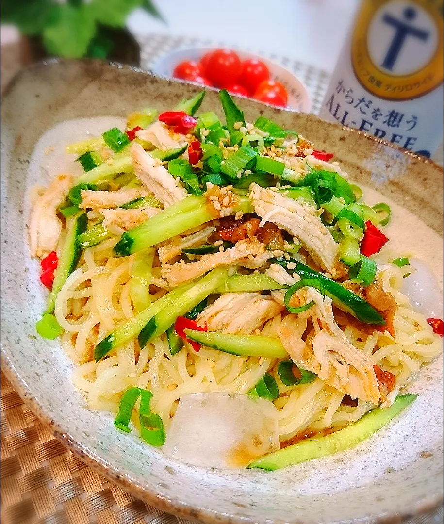 胸肉塩麹蒸し鶏ときゅうりの梅和え冷やし中華|ポコさん