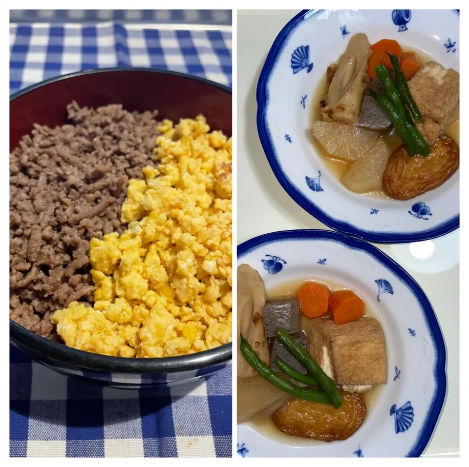 こんばんは
boysにそぼろ丼両親には煮物を作りました
毎日献立迷う〜笑
#おうちご飯#そぼろ丼#煮物#明日は何にしよう？|めんちゃんさん