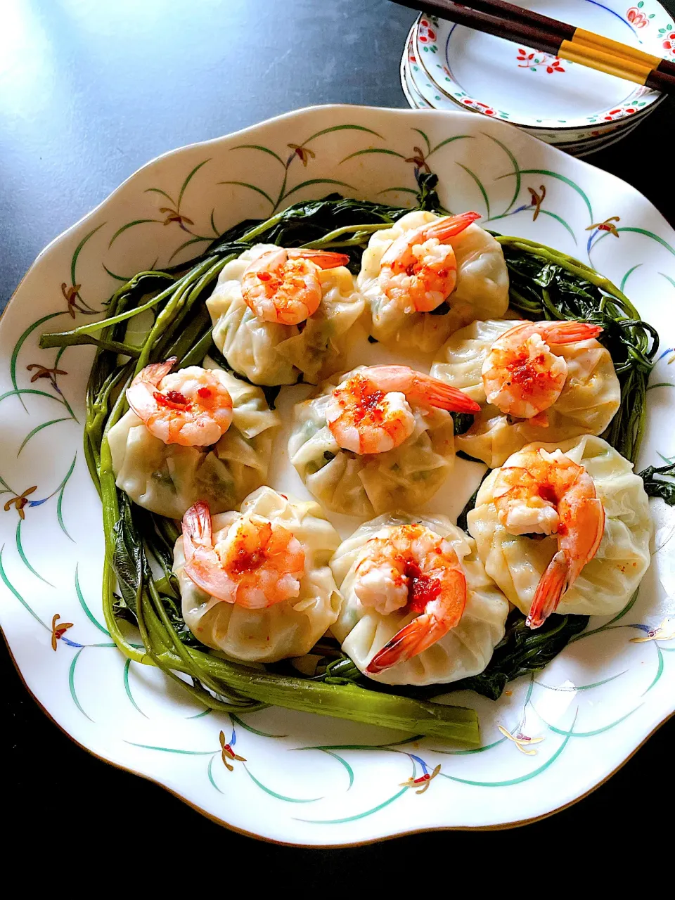 空芯菜と海老の蒸し餃子🥟|とんちんさん