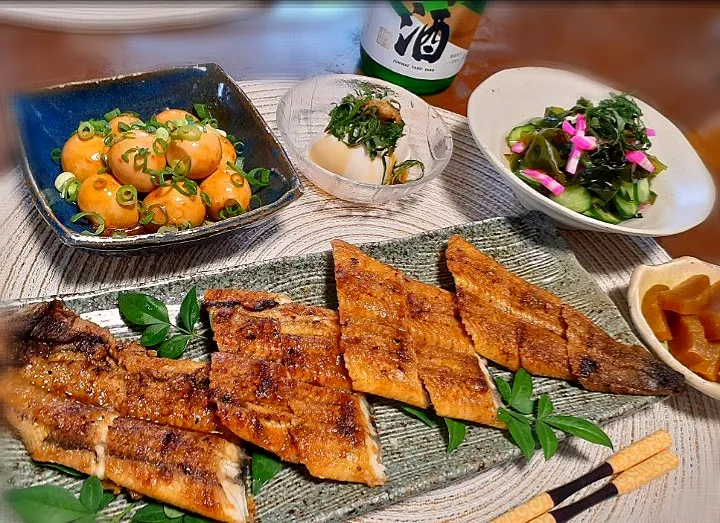 土用丑の日前日

　うなぎ🎶
　ワカメ酢の物
　からビーさんの味玉🥚|びせんさん