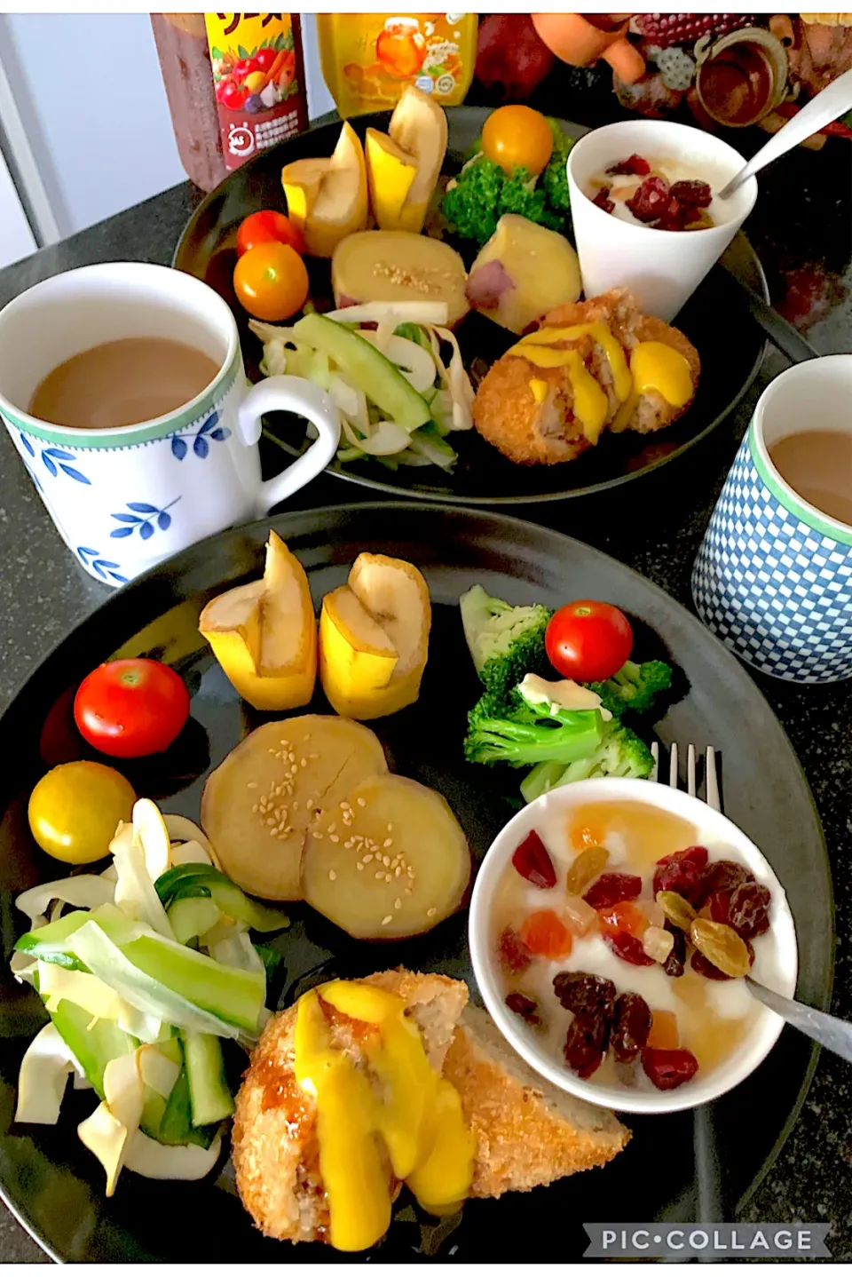 Snapdishの料理写真:作り置きおかずと加藤生肉店のコロッケでワンプレート朝ごはん|シュトママさん