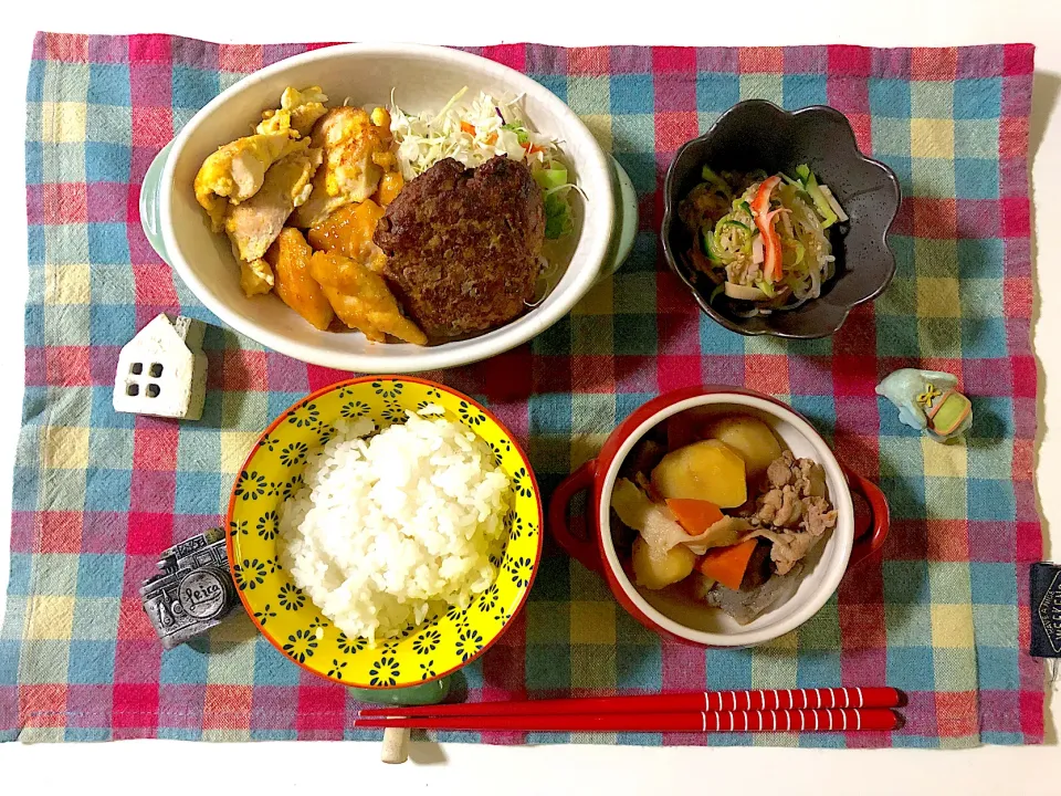 Snapdishの料理写真:✳︎鶏胸肉2種焼き(味噌マヨ、ピカタ)✳︎ハンバーグ✳︎春雨サラダ✳︎肉じゃが|syamさん