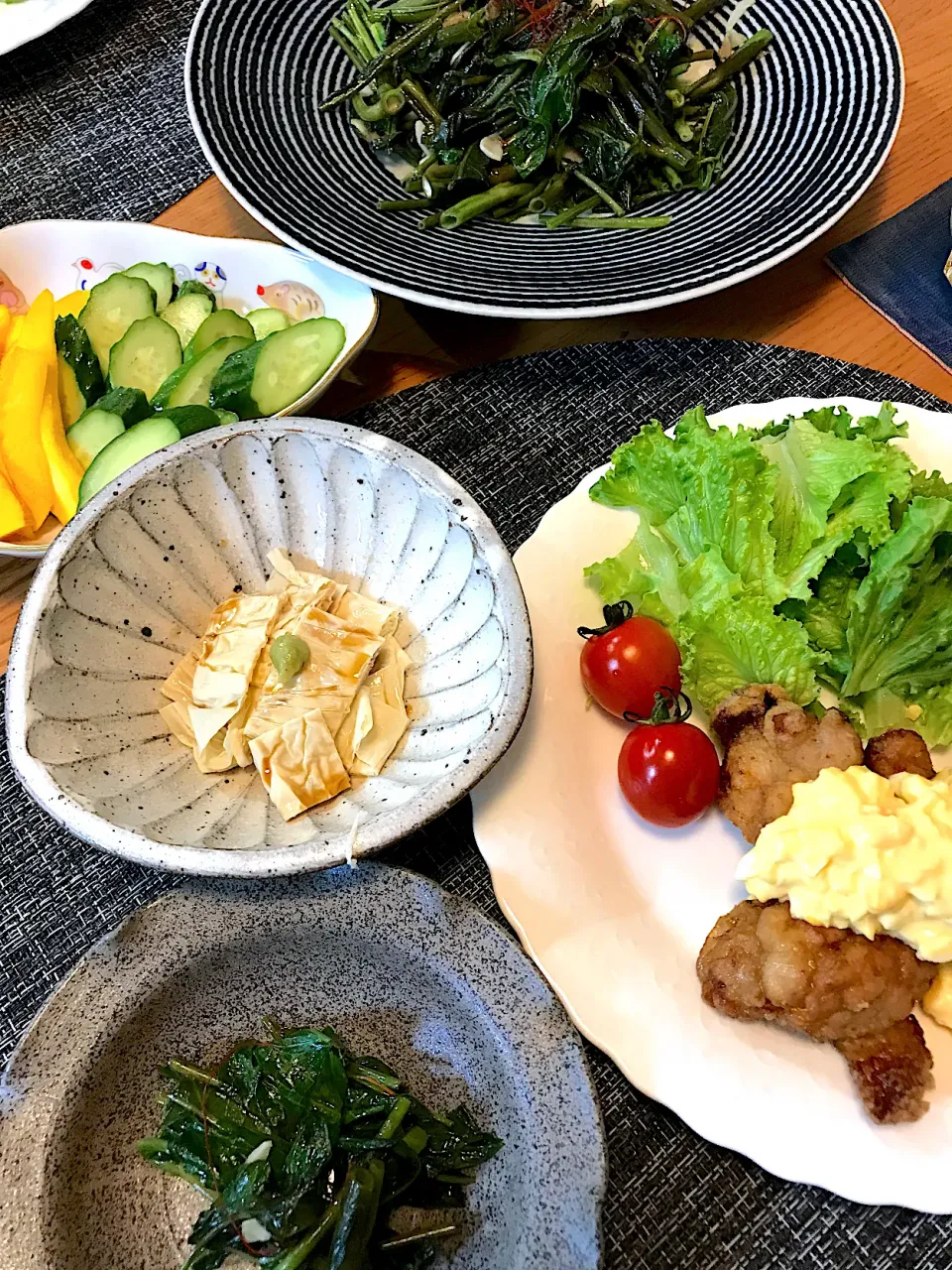 鳥南蛮、空芯菜炒め、湯葉刺し|sobacoさん