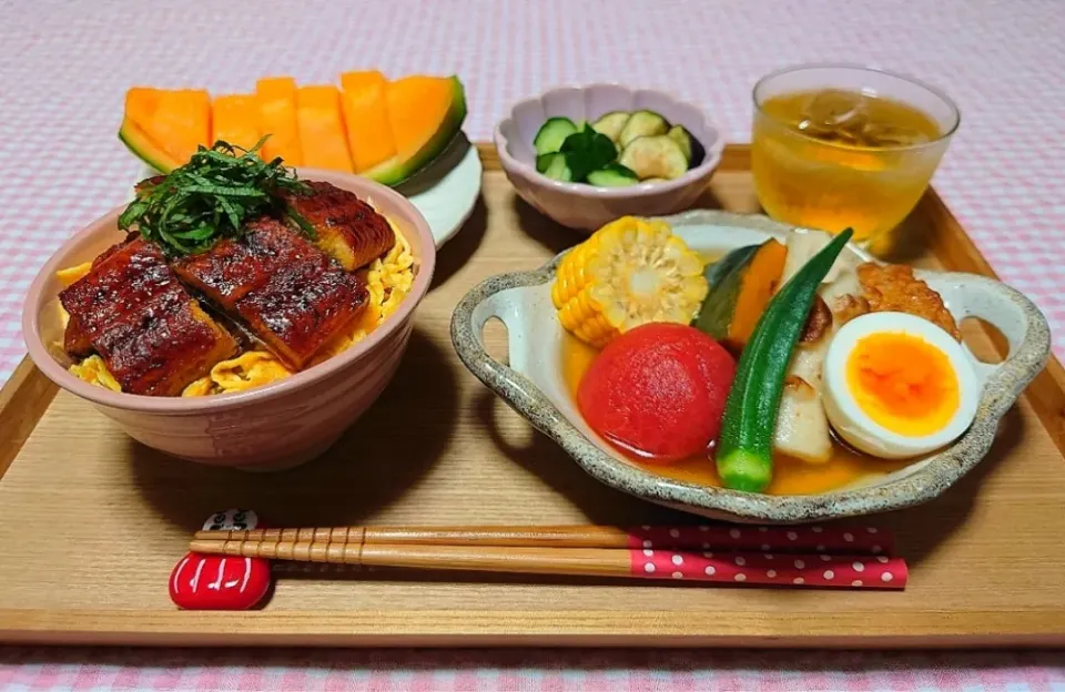 ❁うなぎごはん
❁冷やしおでん
❁きゅうりと茄子の浅漬け
❁メロン🍈|みかんちょこさん