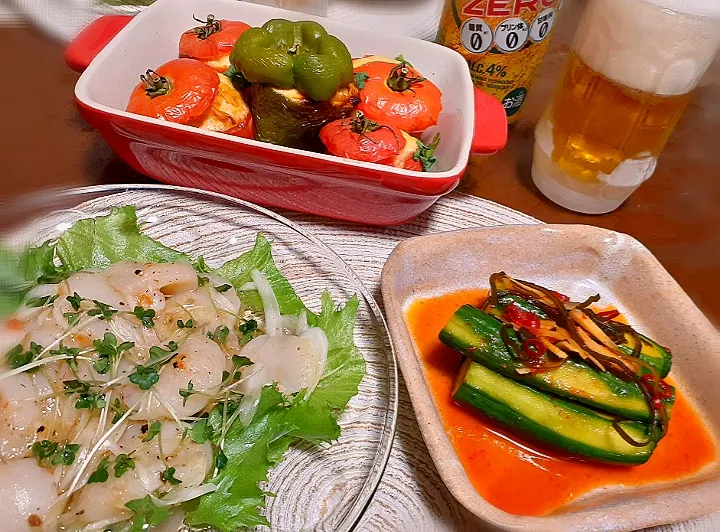 Snapdishの料理写真:超ヤベｪきゅうり🥒

貝柱マリネ
トマト🍅ファルシ|びせんさん