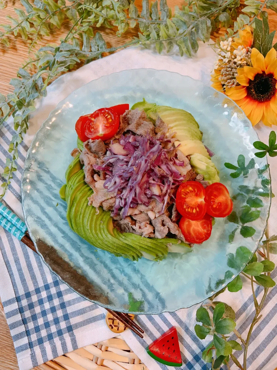 Snapdishの料理写真:牛肉のしゃぶしゃぶ&アボカドのサラダ|ふわくまさん