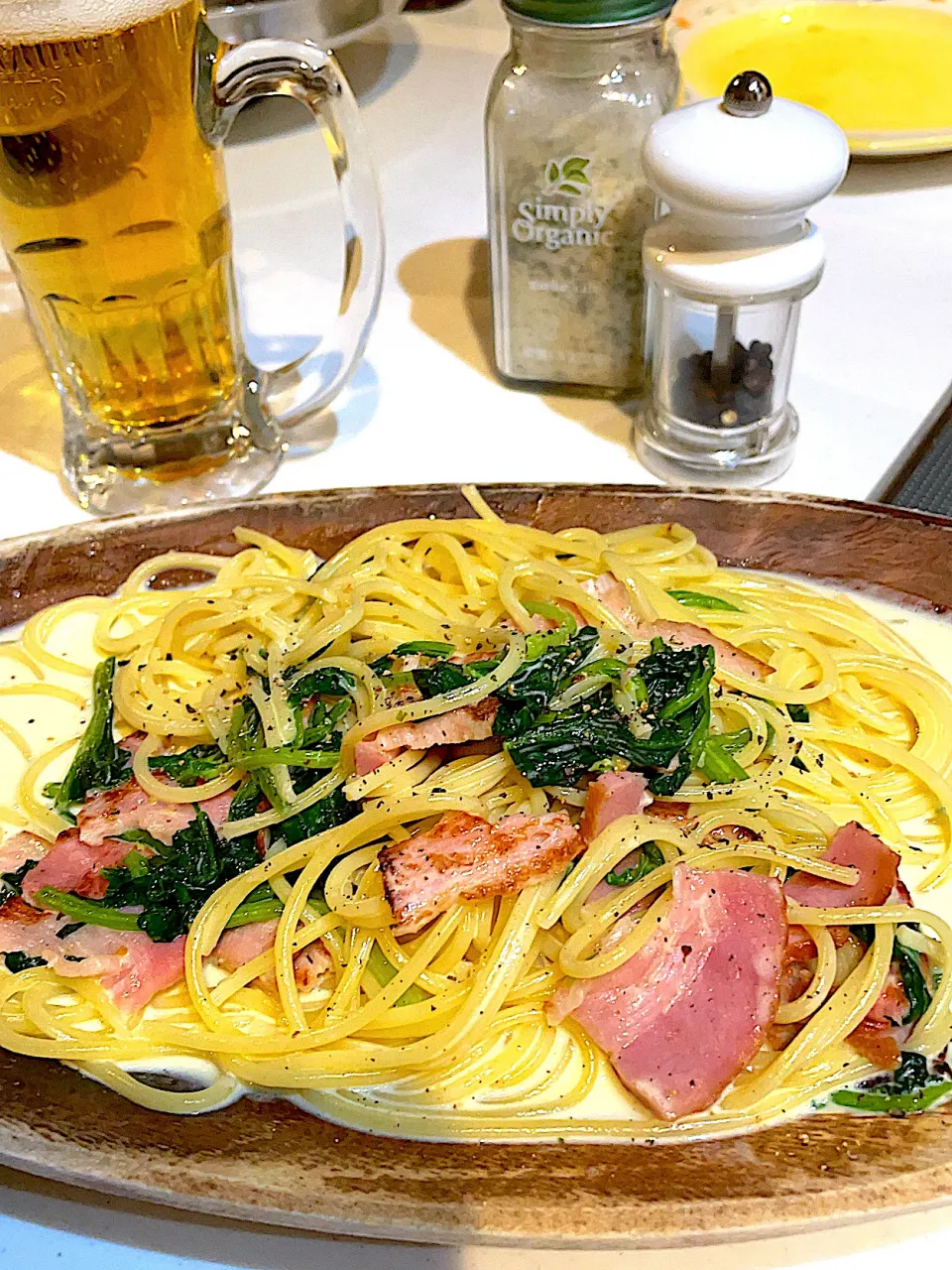 Snapdishの料理写真:ベーコンとほうれん草のクリームパスタ|Yoko Ondaさん