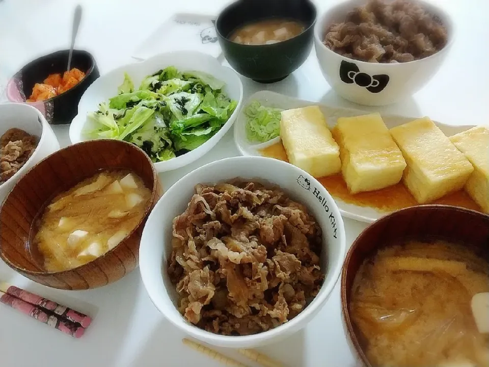 Snapdishの料理写真:夕食(*^^*)
牛丼
揚げ出し豆腐
チョレギサラダ🥗
カクテキ
お味噌汁(大根、油揚げ、豆腐)|プリン☆さん