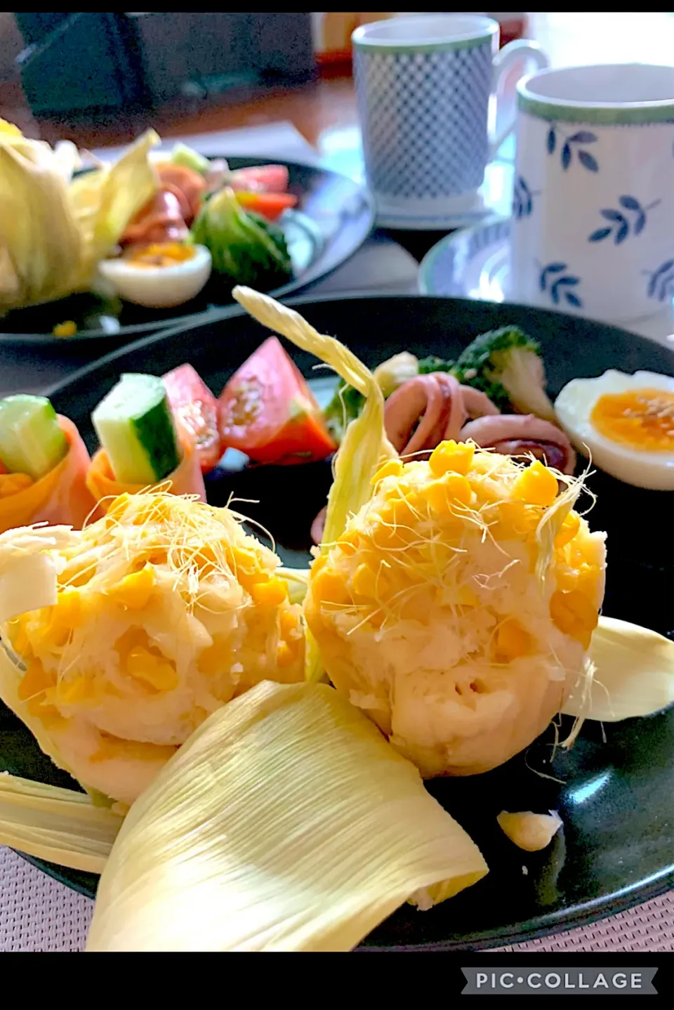 Snapdishの料理写真:るん♪さんの料理 とうもろこし蒸しパン🌽♪で朝ごはん|シュトママさん