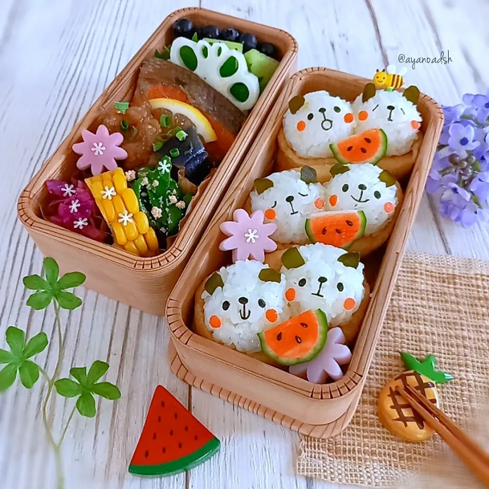 🐼コロコロパンダのオープン稲荷寿司
スイカ🍉仲良くはんぶんこ弁当|ayano.adshさん