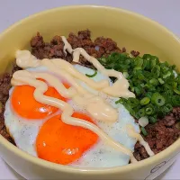 Snapdishの料理写真:ひき肉丼目玉焼きのせ|Masaaki Ooiさん