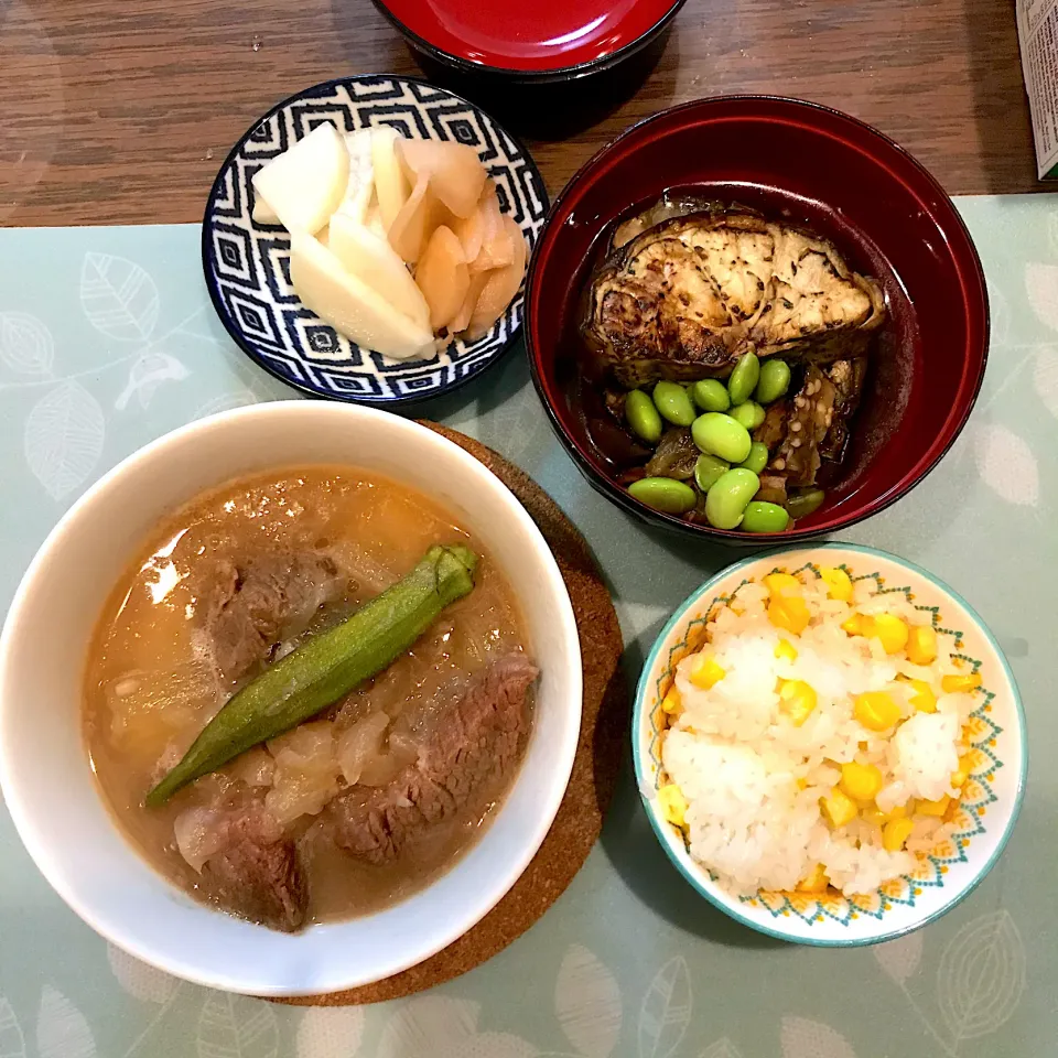 牛肉和風煮、とうもろこしご飯、茄子焼き浸し|SERINOさん