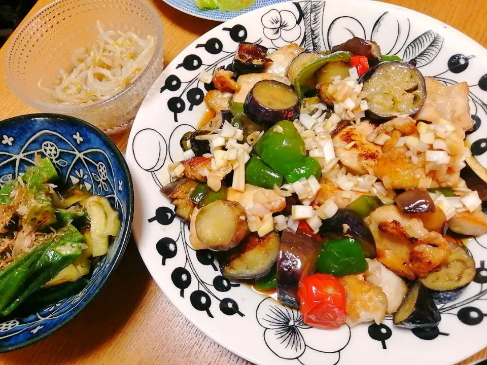 鶏胸肉と夏野菜の香味だれ
もやしナムル オクラなすのレンジ蒸し|いちみさん