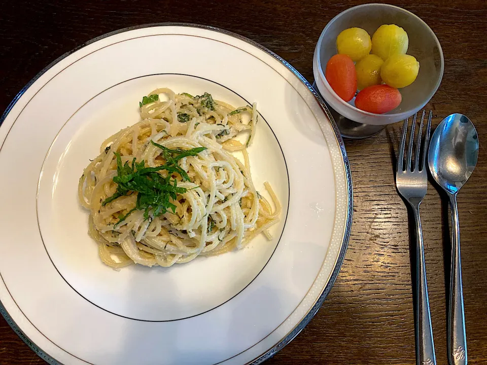 明太子パスタ、ミニトマトのコンポート|カドラさん