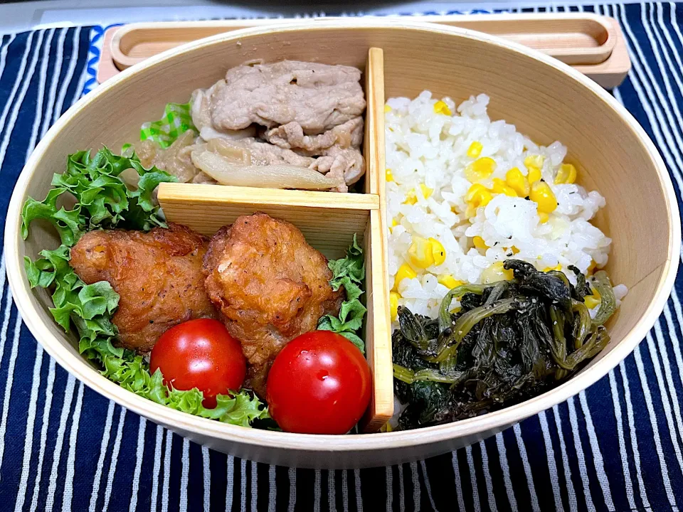 豚肉の生姜焼き、トウモロコシご飯🍱|なお🅿️さん