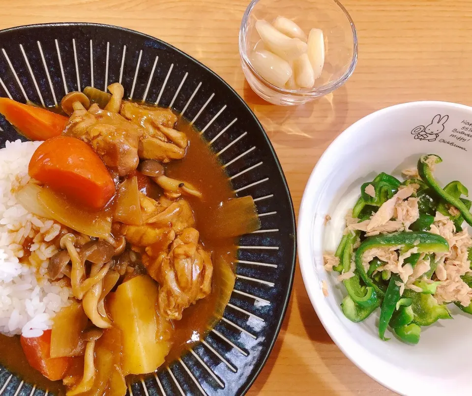 今夜は昔懐かしい昭和風カレー😄無限ピーマン🫑と🍺自家製ラッキョ付き|海斗さん