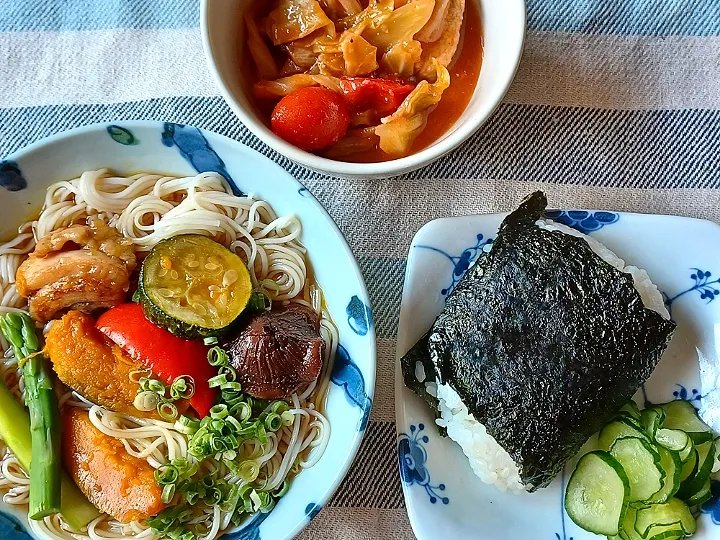 昨日の揚げ浸し乗せ素麺など|ぱいんてーるさん