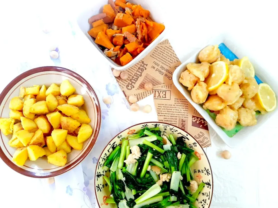 lemon vege chicken 
vegetable 
potatoes 
pumpkin|vivena🌱さん