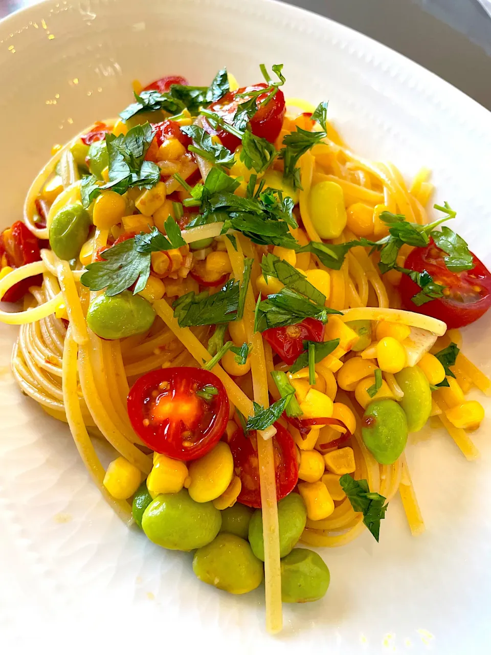 朝取れとうもろこし、枝豆、トマトの夏野菜パスタ！|Tomyさん