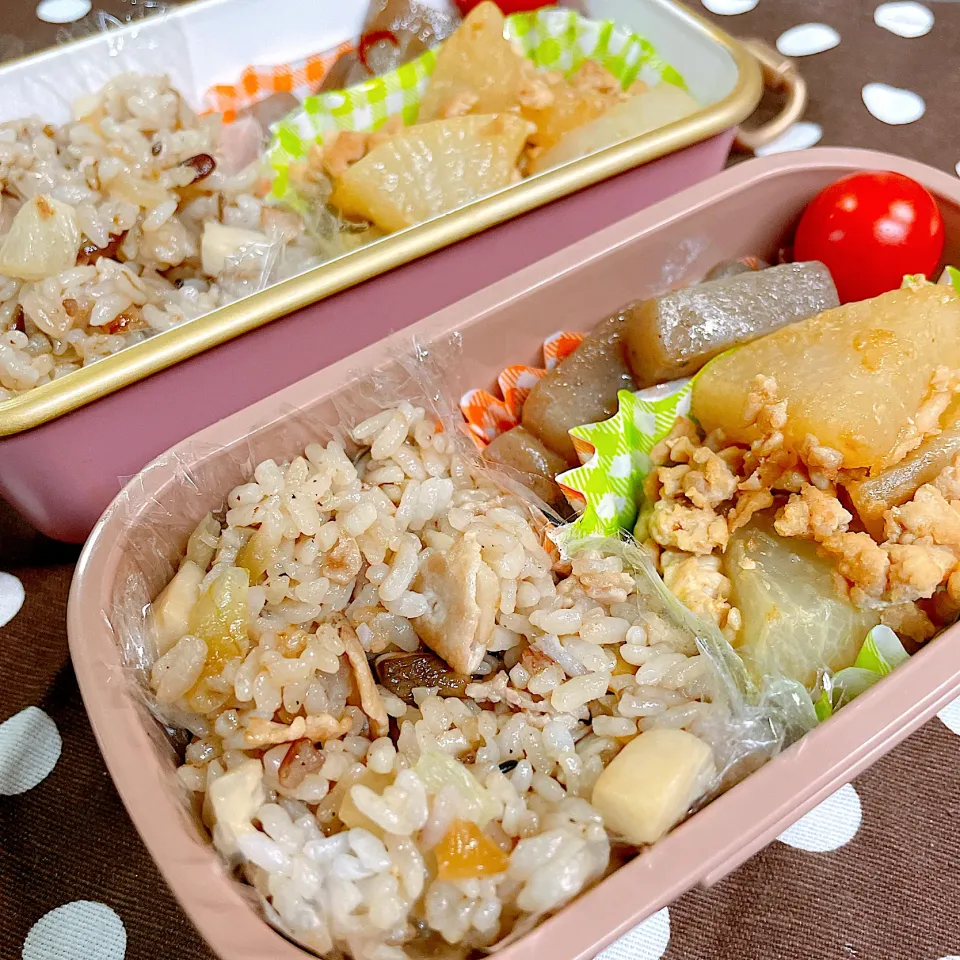 エリンギ炒飯♡大根とひき肉のオイスター炒め♡こんにゃくのピリ辛煮♡|まゆかさん