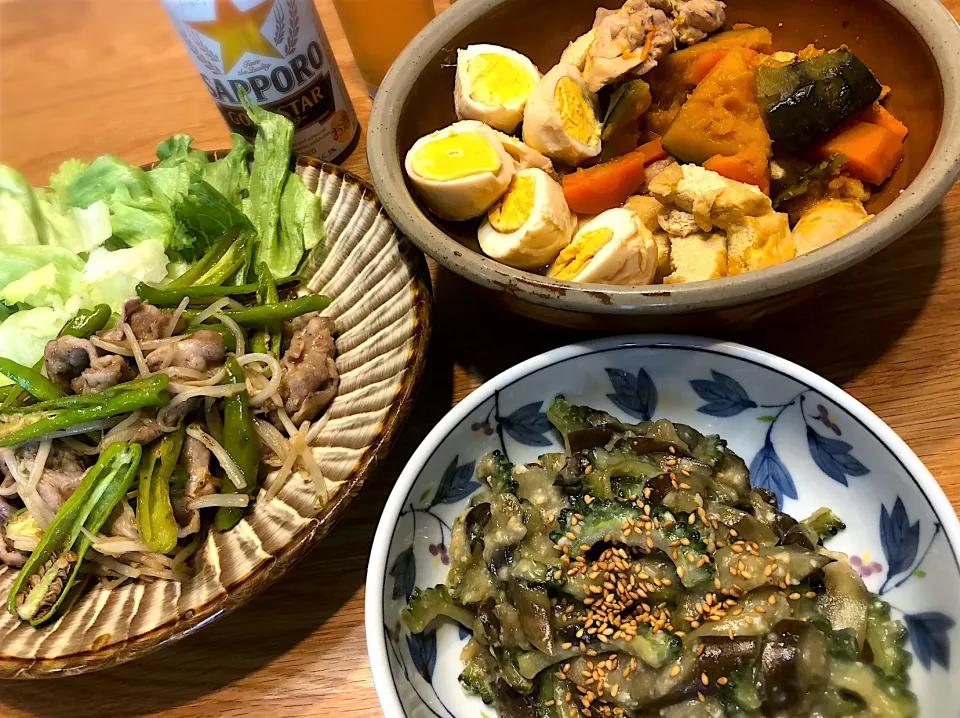 茄子とゴーヤのこねり　豚ロース肉とシシトウの生姜焼き　煮物（鶏もも肉・南瓜・生揚げ・茹で卵）|じゅんさんさん