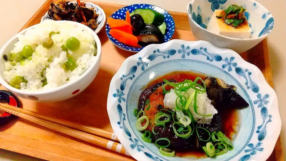 茄子の肉詰め、豆ご飯|Yoshiko Miyazakiさん