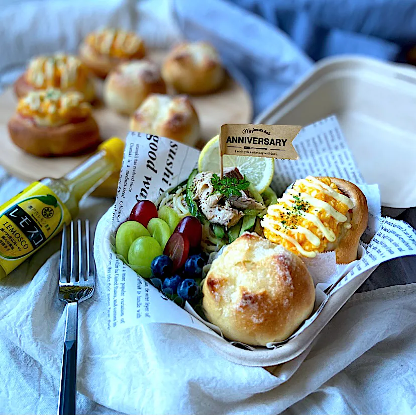 シュガーパン・ハムロールたまごパン🥐鯖缶ときゅうりの冷製レモンパスタ🍝🍋弁当🍱|Naoさん