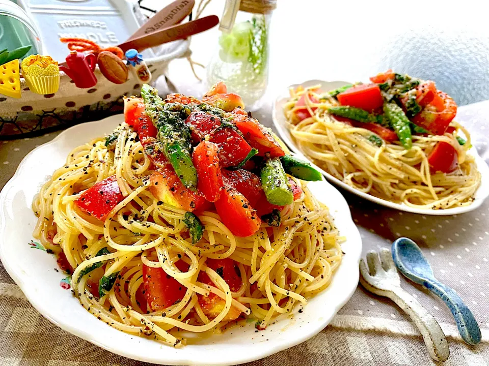 トマトと大葉の和風冷製パスタ🍝|がぁがさん