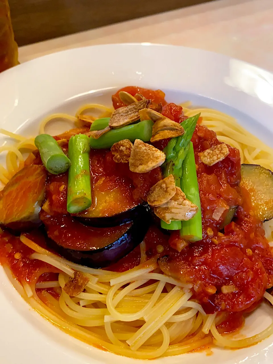 今日のまかない🍝相方作　夏野菜のスパゲティ　アラビアータ🔥|かっぴーさん